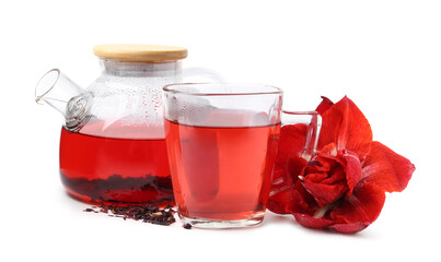 Tasty hibiscus tea and flower isolated on white