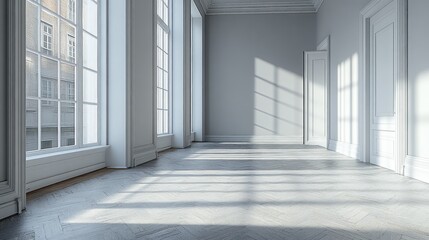 Fototapeta premium Sunlight streams into empty elegant room, showcasing hardwood floors and large windows; ideal for real estate listings