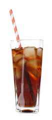 Refreshing cola with ice cubes and drinking straw in glass isolated on white