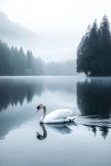 swan swimming gracefully on a serene lake. The smooth water reflects the bird elegant movements, and the surrounding trees
