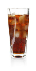 Refreshing cola with ice cubes in glass isolated on white