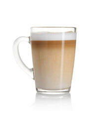 Tasty latte macchiato in glass cup isolated on white