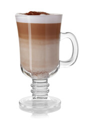 Tasty latte macchiato in glass cup isolated on white