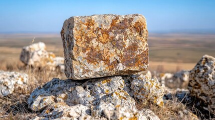 Weathered stone on hilltop, vast landscape background