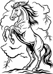 Majestic Black and White Illustration of a Rearing Horse, Powerful Horse Standing on Hind Legs with Mane Flowing, Equestrian Art of Bold Horse in Action Against Sky and Clouds