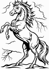 Majestic Black and White Illustration of a Rearing Horse, Powerful Horse Standing on Hind Legs with Mane Flowing, Equestrian Art of Bold Horse in Action Against Sky and Clouds