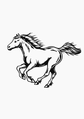 Dynamic Black and White Illustration of Galloping Horse, Powerful Horse Running in Motion with Mane Flowing, Equestrian Art of Fast-Moving Horse in Full Gallop