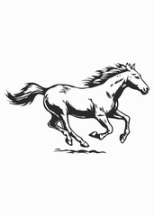 Dynamic Black and White Illustration of Galloping Horse, Powerful Horse Running in Motion with Mane Flowing, Equestrian Art of Fast-Moving Horse in Full Gallop