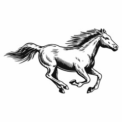 Dynamic Black and White Illustration of Galloping Horse, Powerful Horse Running in Motion with Mane Flowing, Equestrian Art of Fast-Moving Horse in Full Gallop