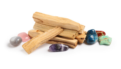 Palo santo sticks and gemstones isolated on white