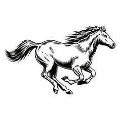 Dynamic Black and White Illustration of Galloping Horse, Powerful Horse Running in Motion with Mane Flowing, Equestrian Art of Fast-Moving Horse in Full Gallop