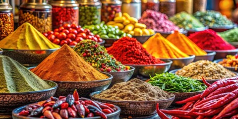 Fototapeta premium A vibrant spice market scene with different types of peppers, spices, and herbs on display