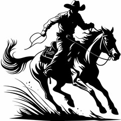 Dynamic Cowboy Riding Horse with Lasso, Action-Packed Black and White Illustration of a Cowboy on Horseback, Western Rider with Rope, Fast-Moving Equestrian Cowboy