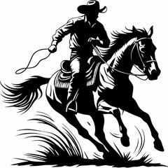 Dynamic Cowboy Riding Horse with Lasso, Action-Packed Black and White Illustration of a Cowboy on Horseback, Western Rider with Rope, Fast-Moving Equestrian Cowboy