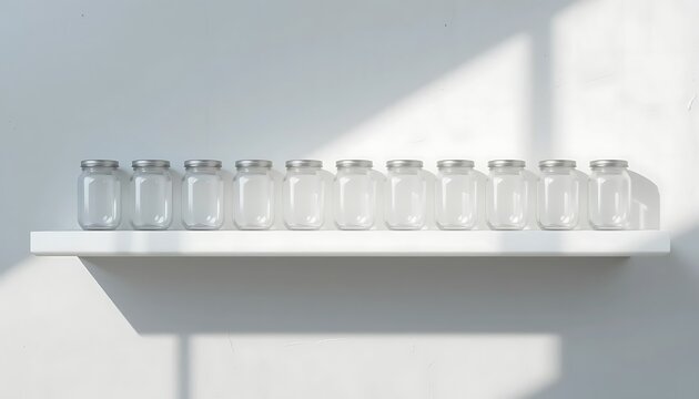 Empty glass jars on a white shelf in sunlight