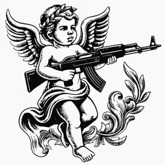 Provocative Cherub with Assault Rifle, Bold Black and White Artwork of a Winged Child Holding a Gun, Angelic Figure with Weapon, Powerful Symbolic Art of Innocence and Combat