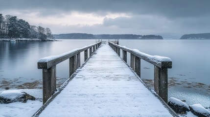 Naklejka premium peaceful Norwegian pier under a blanket of snow stretches toward the horizon, framed by the majestic beauty of a winter fjord