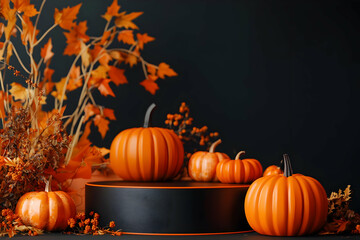Pumpkins on Black Pedestal with Orange Leaves