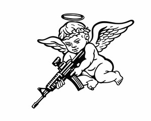 Controversial Angel with Gun, Powerful Black and White Artwork of a Cherub with Halo Holding a Rifle, Symbolic Angelic Figure with Military Weapon, Unique Depiction of Innocence and Strength