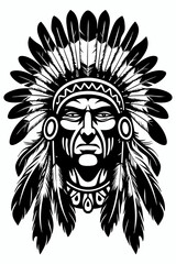 Bold Native American Chief with Intricate Feathered Headdress, Powerful Black and White Illustration of an Indigenous Leader, Detailed Artwork of Chief with Traditional Feathered