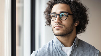 Pensive businessman looking out of office window contemplating future business opportunities