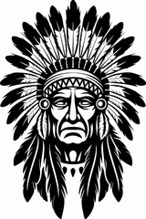 Bold Native American Chief with Intricate Feathered Headdress, Powerful Black and White Illustration of an Indigenous Leader, Detailed Artwork of Chief with Traditional Feathered