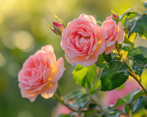 Beautiful Close-Up Photograph of Pink Roses in Sunlit Garden, Perfect for Floral Decor and Nature Enthusiasts