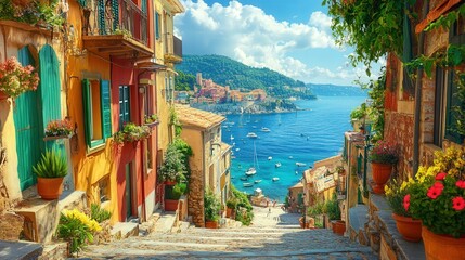 coastal French village, where the narrow alleys lead to stunning views of the sea, and the village's brightly colored buildings stand out against the backdrop