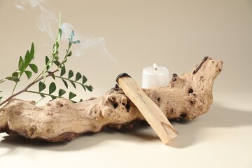 Smoldering palo santo stick, snag, green branch and burning candle on beige background