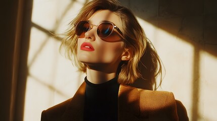 Stylish and confident young blonde woman wearing sunglasses posing with an editorial fashion photography concept  She exudes a professional and glamorous vibe suitable for marketing advertising