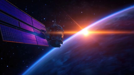 Satellite Orbiting Earth at Sunrise: A Cosmic Ballet of Technology and Nature