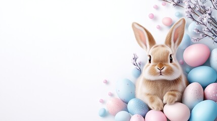 Obraz premium Charming Rabbit Surrounded by Colorful Easter Eggs and Flowers