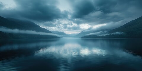 Fototapeta premium mountain pond at Glenridding, with calm water and a cloudy sky, showcasing the stillness after the rainstorm has passed