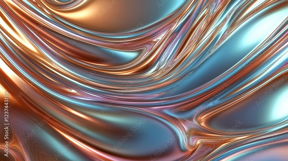 Poster Metallic fluid painting creating abstract wavy patterns