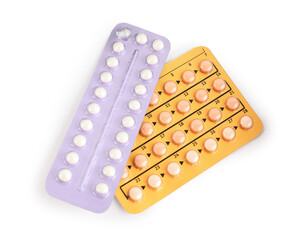 Blisters of contraceptive pills isolated on white, top view
