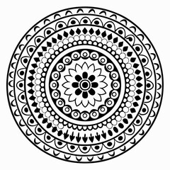 Symmetrical Mandala Design with Circular Floral Patterns, Intricate Black and White Mandala with Radiating Petals and Geometric Elements, Detailed Mandala Art with Repeating Flower Motifs
