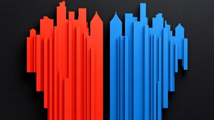 Obraz premium Cityscape Divide: Abstract artwork showing a divided cityscape, split between red and blue hues. Capturing the architectural essence and contrasting the symbolic division.
