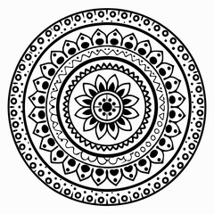 Symmetrical Mandala Design with Circular Floral Patterns, Intricate Black and White Mandala with Radiating Petals and Geometric Elements, Detailed Mandala Art with Repeating Flower Motifs
