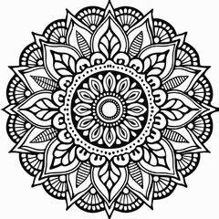 Intricate Black and White Mandala Design with Floral and Leaf Motifs, Detailed Geometric Mandala Art with Symmetrical Petals and Organic Patterns, Beautiful Mandala Artwork