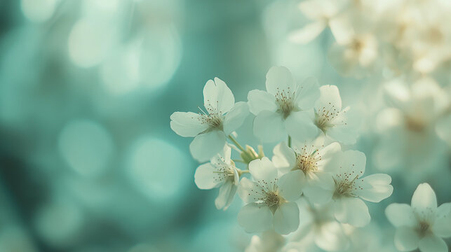 Blossoming of cherry flowers in spring time with green leaves, macro