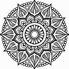 Intricate Black and White Mandala Design with Floral and Leaf Motifs, Detailed Geometric Mandala Art with Symmetrical Petals and Organic Patterns, Beautiful Mandala Artwork