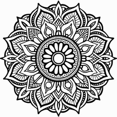 Intricate Black and White Mandala Design with Floral and Leaf Motifs, Detailed Geometric Mandala Art with Symmetrical Petals and Organic Patterns, Beautiful Mandala Artwork