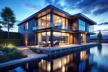 Fototapeta premium Illuminated modern coastal home, stunning night scene with water reflections, showcases luxury real estate.