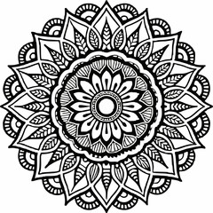 Intricate Black and White Mandala Design with Floral and Leaf Motifs, Detailed Geometric Mandala Art with Symmetrical Petals and Organic Patterns, Beautiful Mandala Artwork
