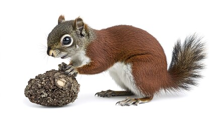 Obraz premium Cute squirrel eating nut, white background, wildlife, nature