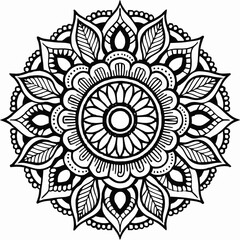 Intricate Black and White Mandala Design with Floral and Leaf Motifs, Detailed Geometric Mandala Art with Symmetrical Petals and Organic Patterns, Beautiful Mandala Artwork