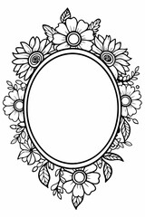 Delicate Oval Frame with Floral Border and Intricate Flower Details, Elegant Hand-Drawn Frame with Blooming Flowers and Leafy Embellishments, Vintage-Inspired Floral Frame with Ornate Petals