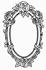 Elegant Oval Frame with Roses and Leafy Vine Details, Intricate Hand-Drawn Floral Border Featuring Roses and Twisting Vines, Vintage-Inspired Floral Frame with Detailed Rose Motifs