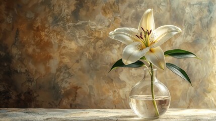 A stunning white lily stands gracefully in a clear vase filled with water, radiating elegance amidst a soft, earthy backdrop that adds warmth to the atmosphere.