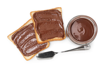 Tasty sandwiches with chocolate butter and knife isolated on white, top view